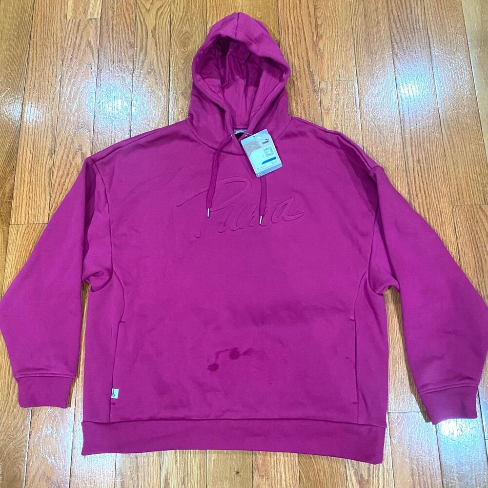 NWT PUMA Script Logo Pink Long Sleeve Drawstring Hoodie Women's Size XL